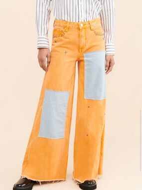 Riley Railroad Vintage Patchwork Orange Jeans Wide Leg Denim Sz 32 Distressed